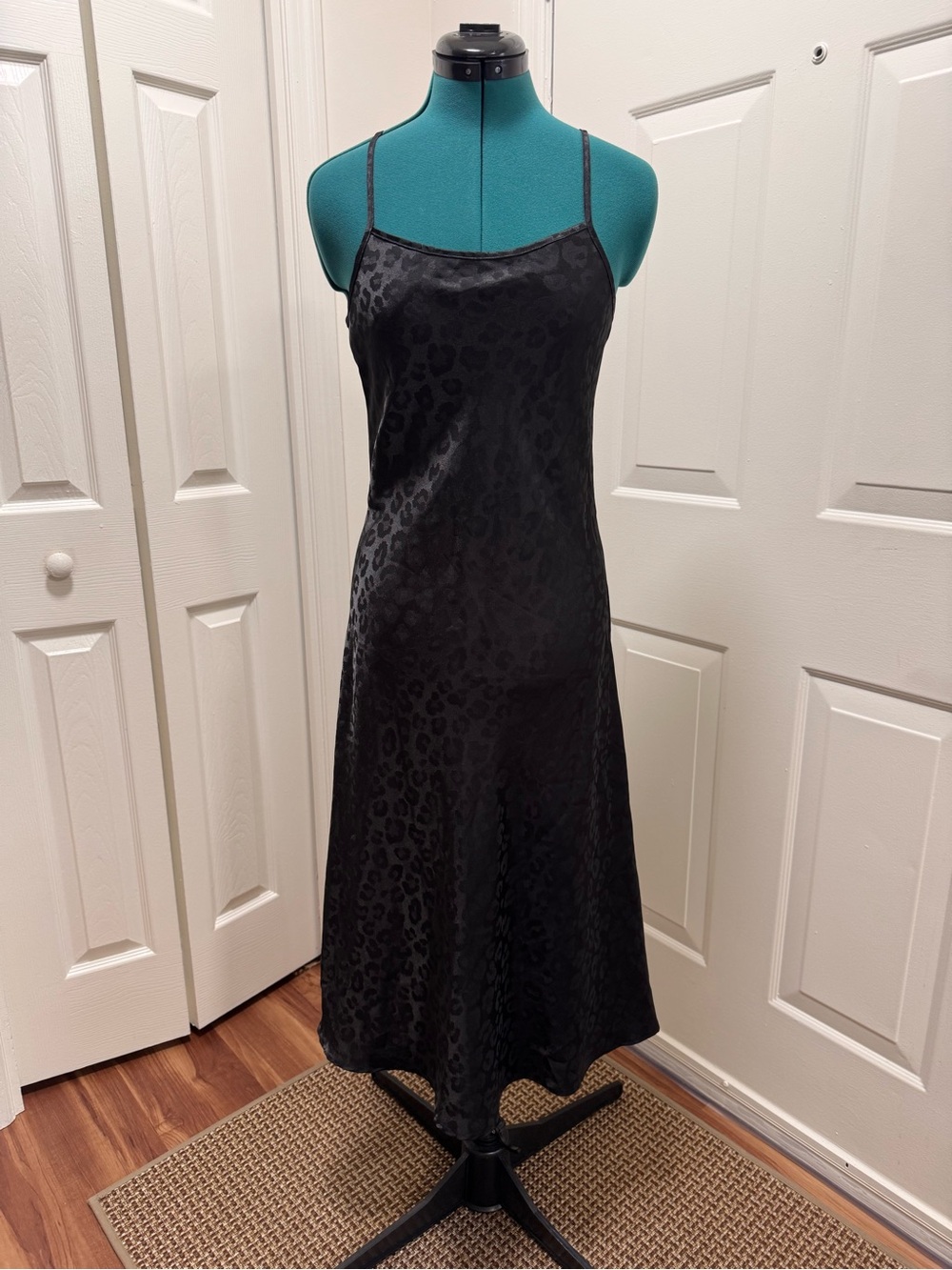 Black Satin Leopard-Print Slip Dress
